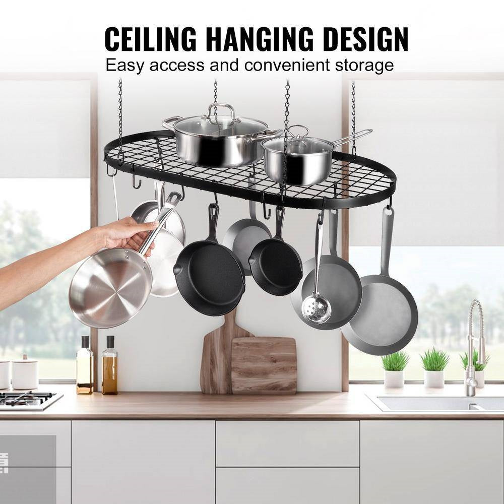 Black Carbon Steel Ceiling Mount Oval Hanging Kitchen Pot Rack with 12 Hooks