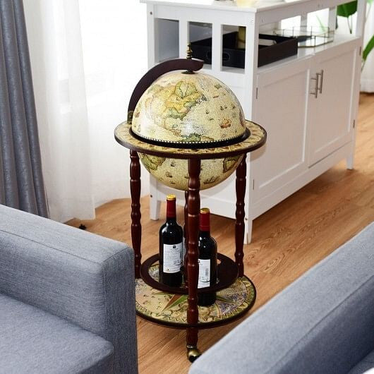 17 Inch Italian Style Design Wooden Globe Liquor Bottle Wine Rack with Wheels