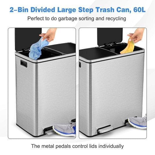 16 Gallon Dual Step Trash Can Recycling Double Bucket Pedal-Silver-3
