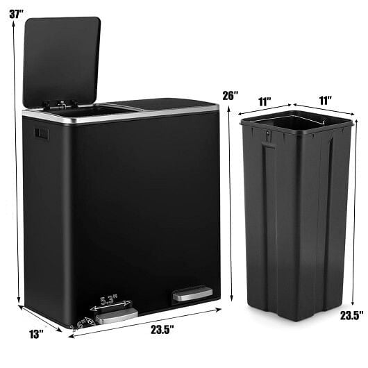 16 Gallon Dual Step Trash Can Recycling Double Bucket Pedal-Silver-5