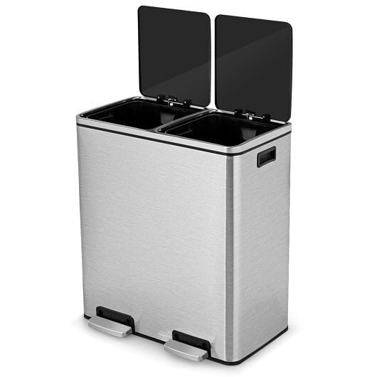 16 Gallon Dual Step Trash Can Recycling Double Bucket Pedal-Silver-6