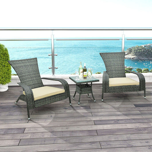 3-Piece Wicker Adirondack Set with Comfy Seat Cushions-Gray-1