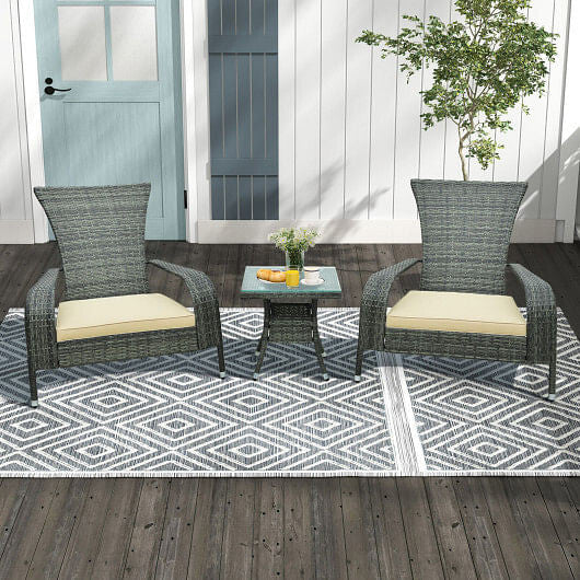 3-Piece Wicker Adirondack Set with Comfy Seat Cushions-Gray-3