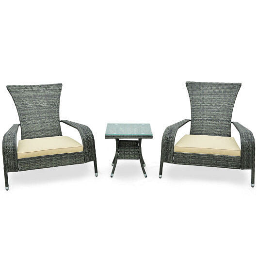 3-Piece Wicker Adirondack Set with Comfy Seat Cushions-Gray-4