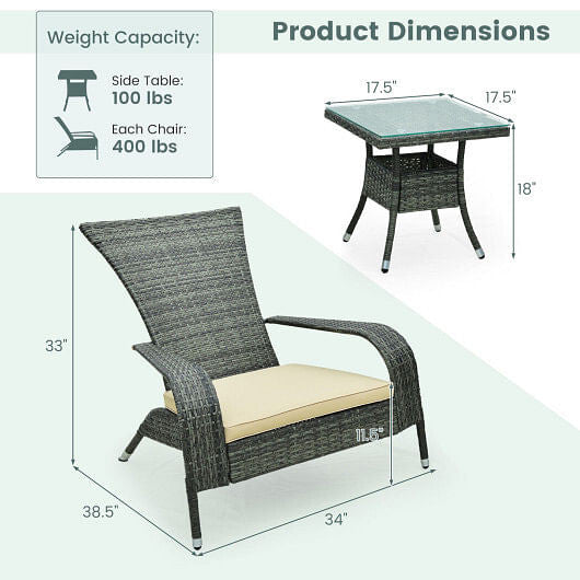 3-Piece Wicker Adirondack Set with Comfy Seat Cushions-Gray-2