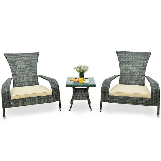3-Piece Wicker Adirondack Set with Comfy Seat Cushions-Gray-0
