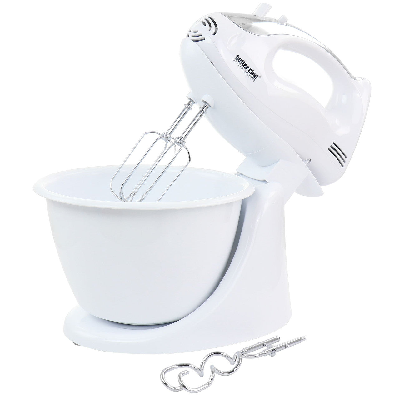 Better Chef 200 Watt Stand/Hand Mixer in White with Mixing Bowl