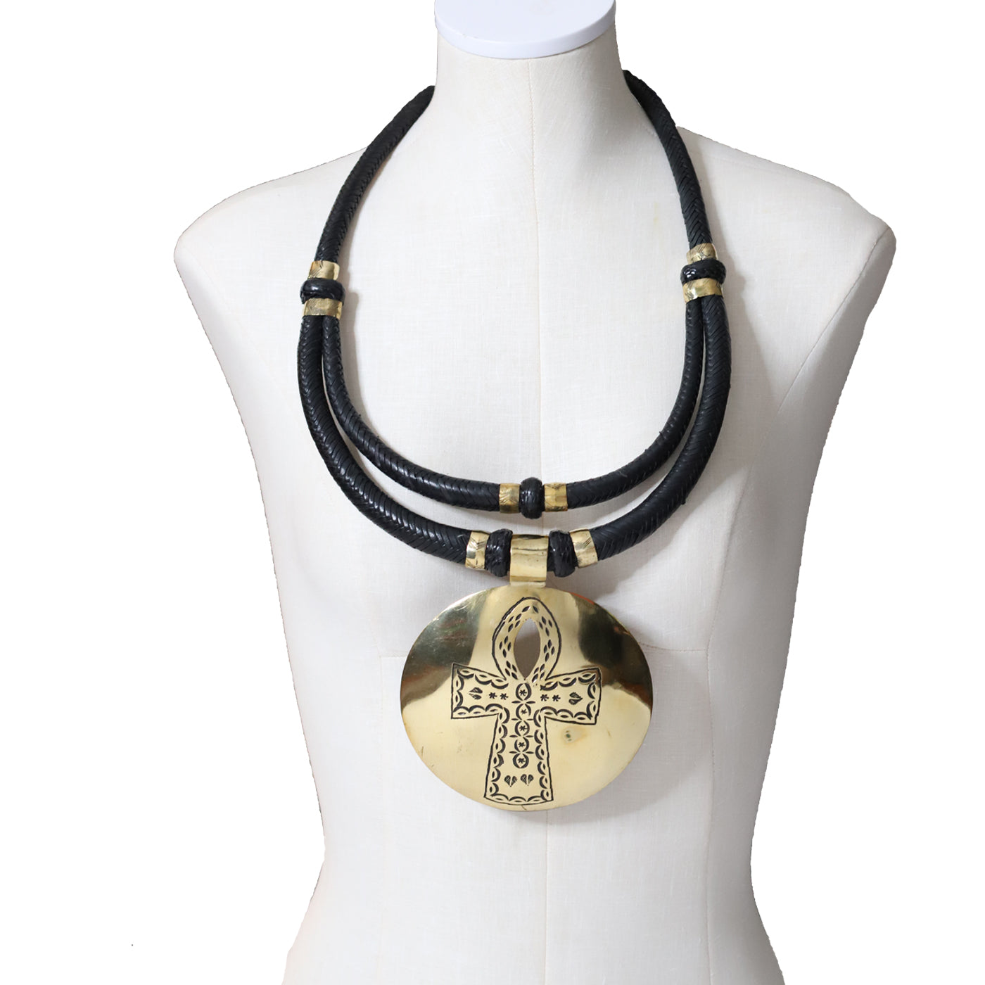 Ankh Pendant Necklace | Black Leather