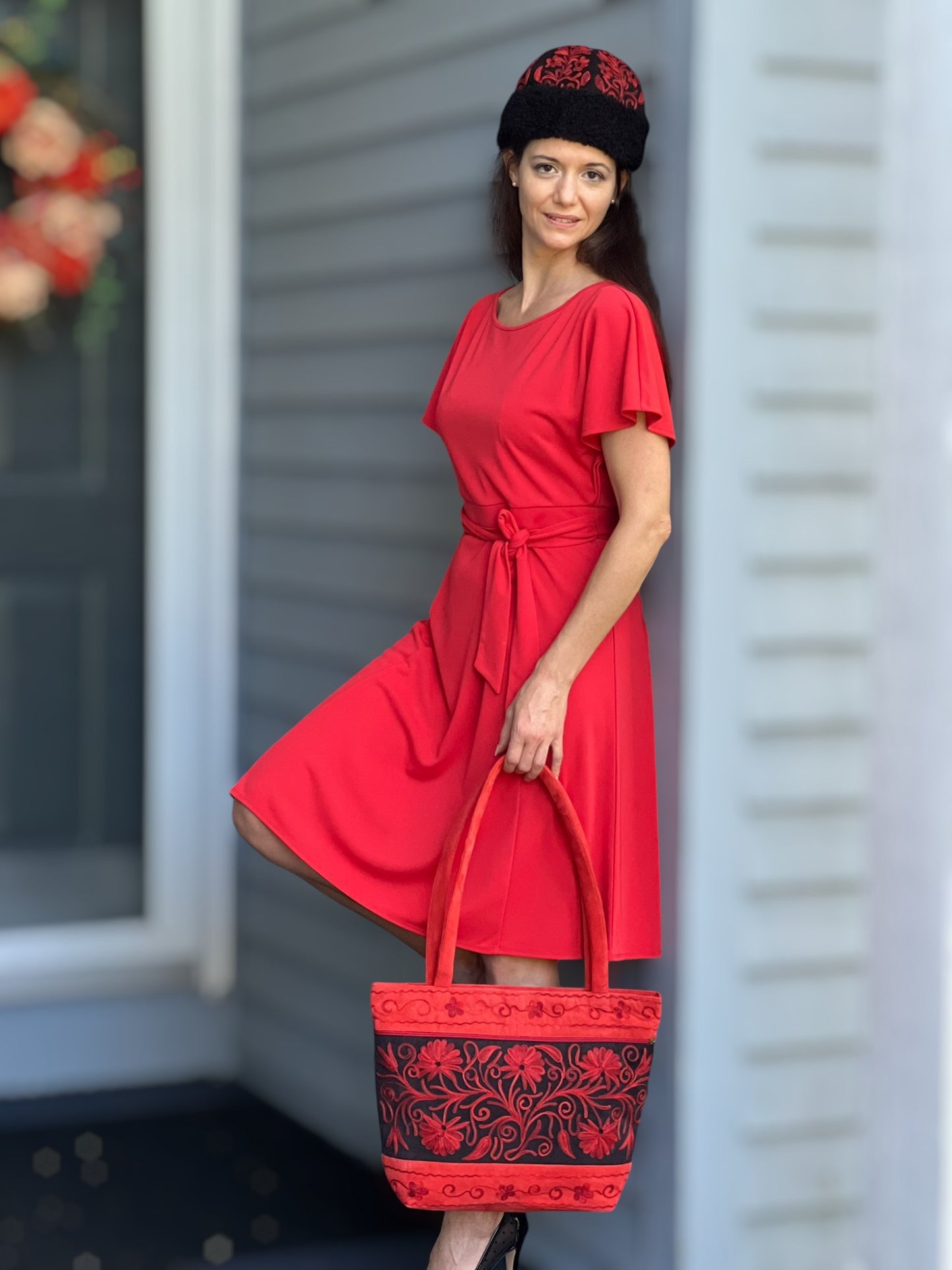 Handmade Red Suede Embroidered Tote Bag