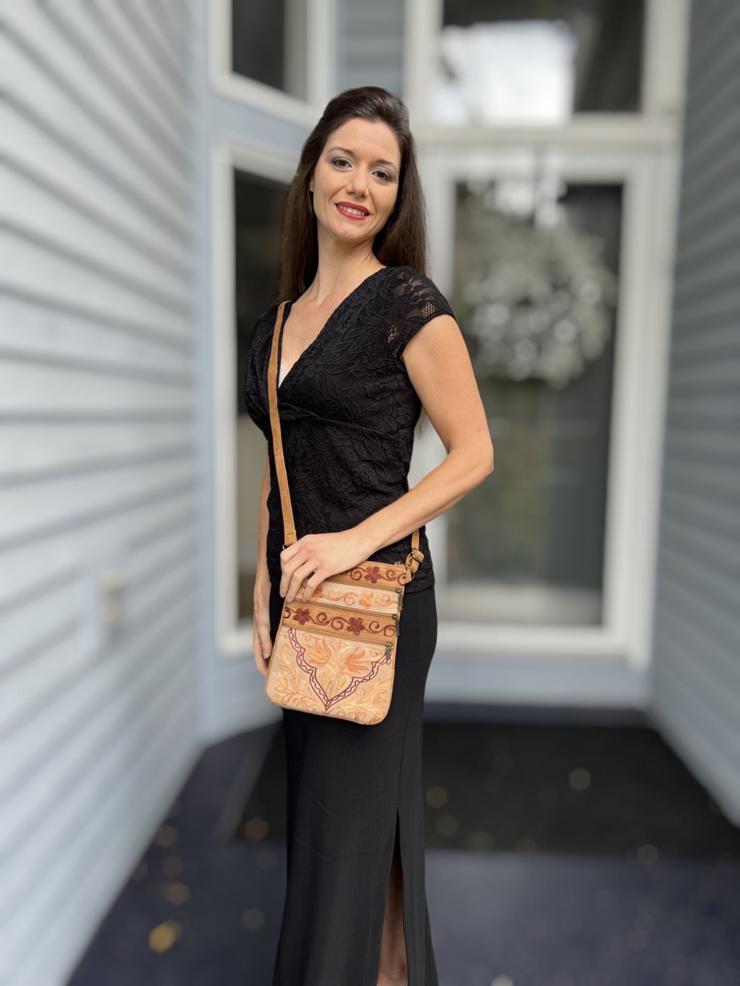 Suede Embroidered Five Zipper Cross-Body Bag