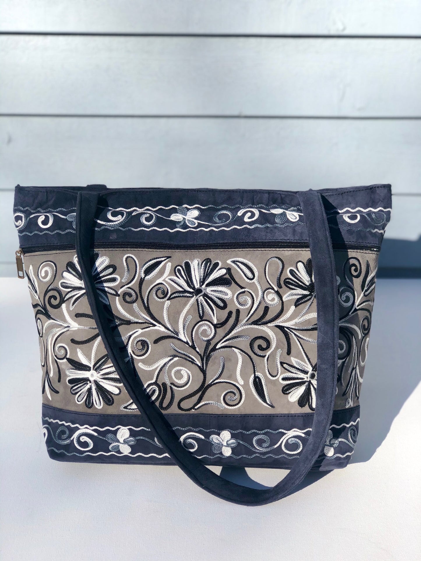 Handmade Grey and Navy Suede Embroidered Tote Bag