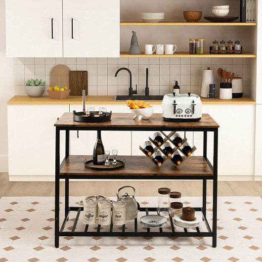 3 Shelves Kitchen Island Industrial Prep Table with Bottom Wine Rack-Rustic Brown-1
