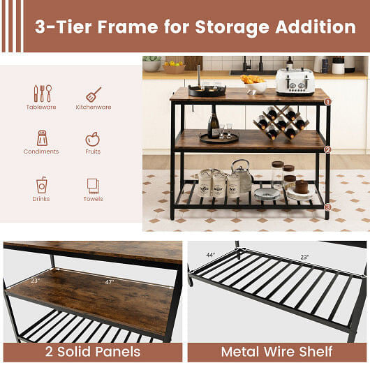 3 Shelves Kitchen Island Industrial Prep Table with Bottom Wine Rack-Rustic Brown-2