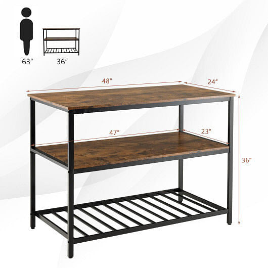3 Shelves Kitchen Island Industrial Prep Table with Bottom Wine Rack-Rustic Brown-3
