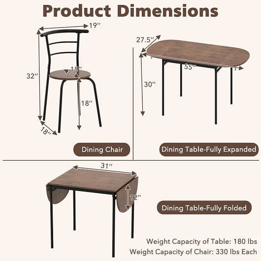 3 Pieces Dining Set with 2 Chairs and Modern Kitchen Table for Small Space-Brown