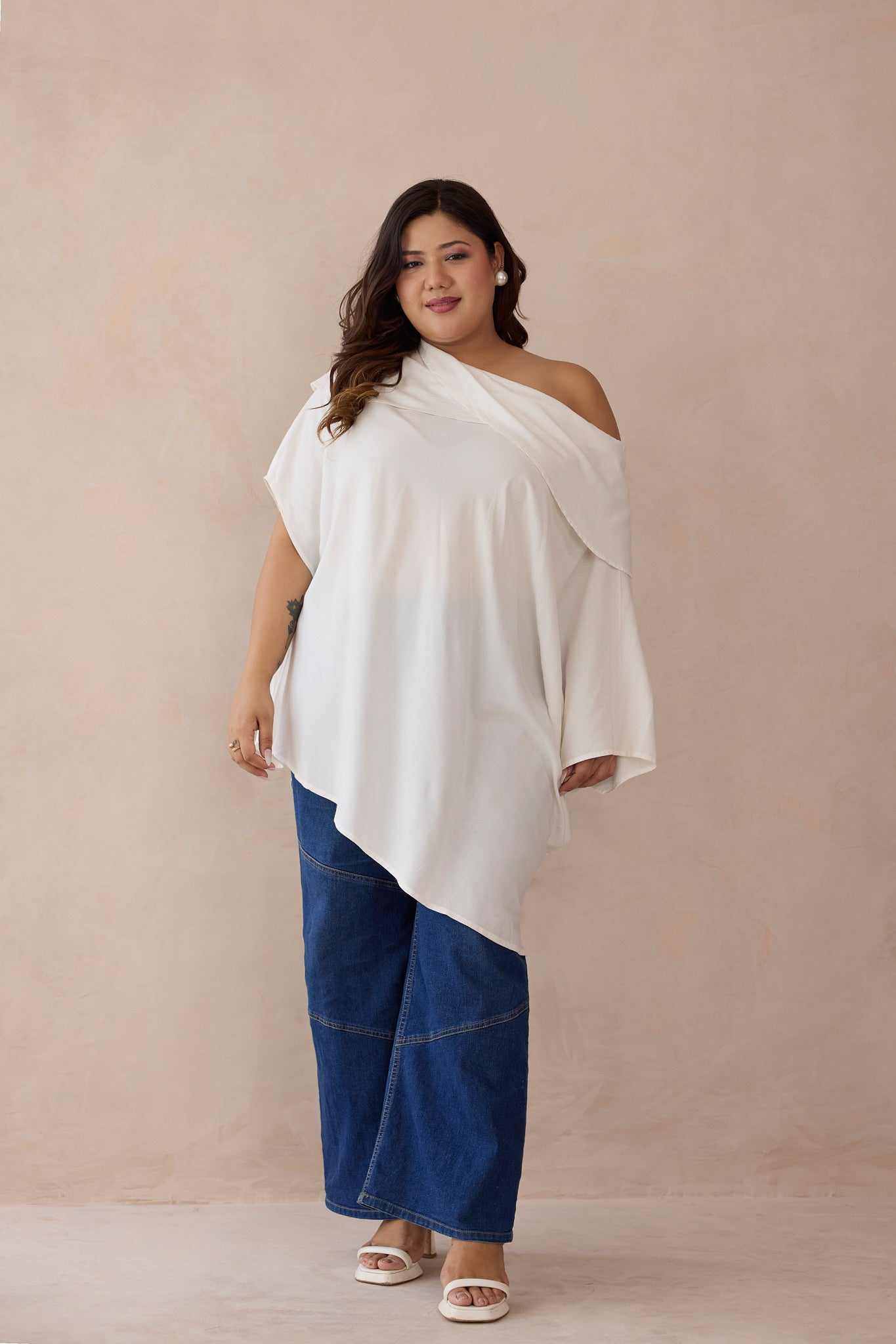 Whisper White One-Shoulder Cowled Shawl Neck Top