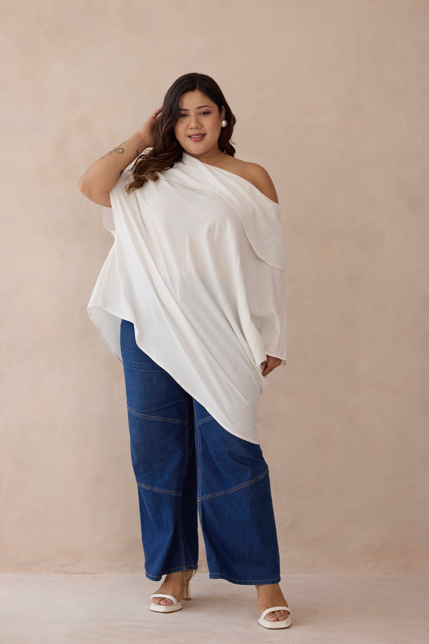 Whisper White One-Shoulder Cowled Shawl Neck Top