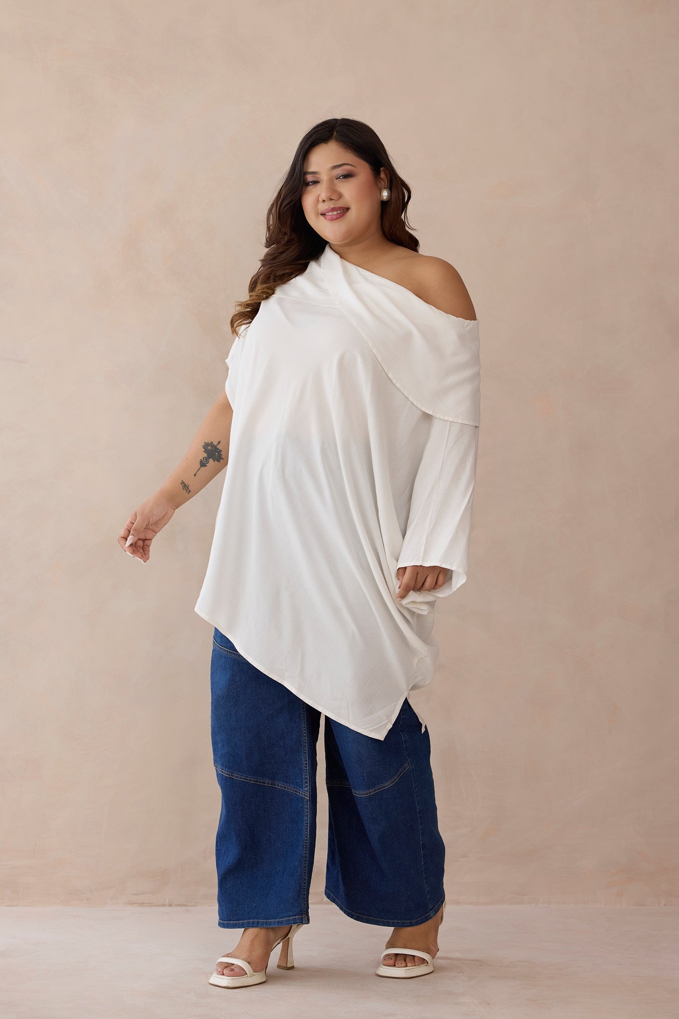 Whisper White One-Shoulder Cowled Shawl Neck Top