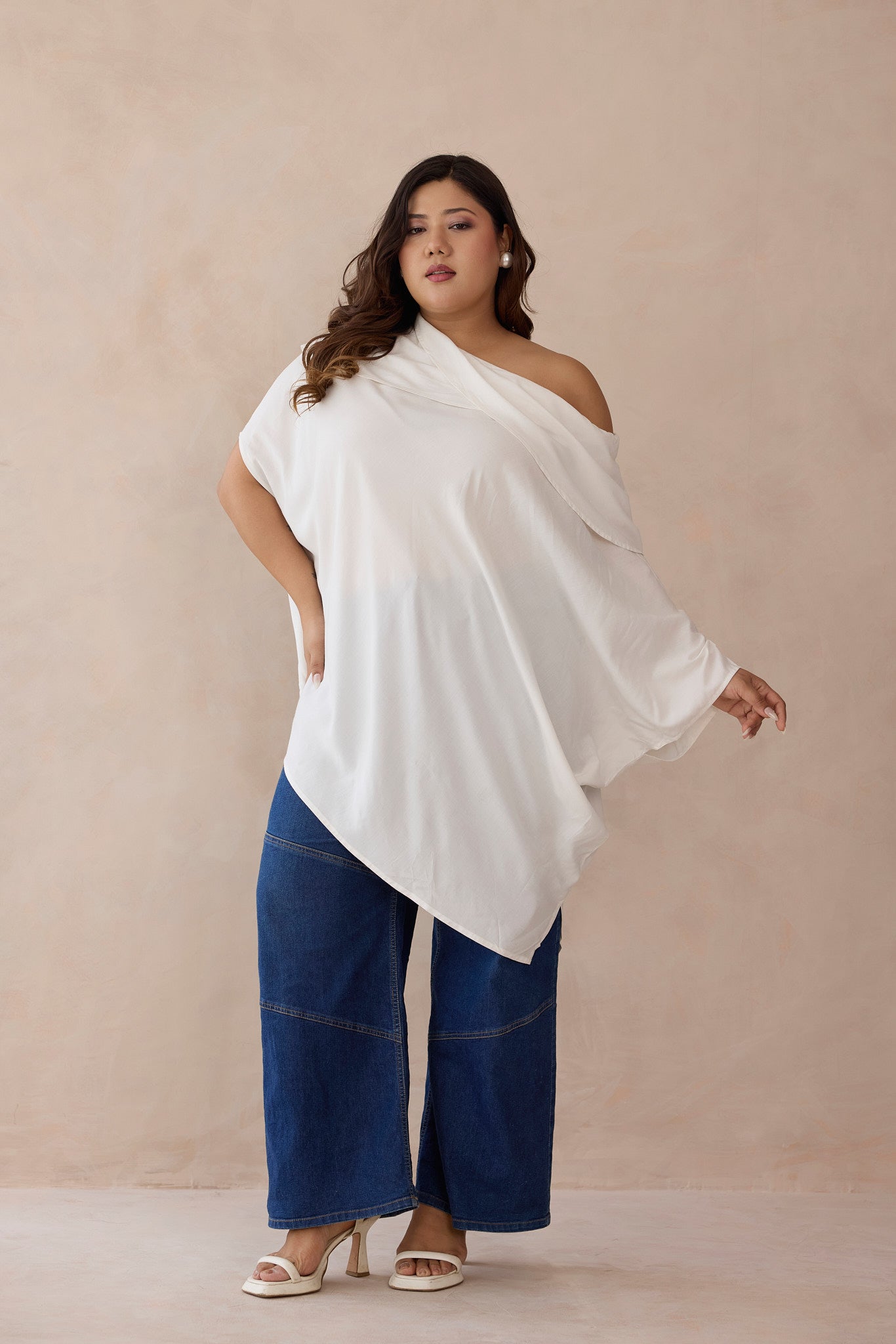 Whisper White One-Shoulder Cowled Shawl Neck Top