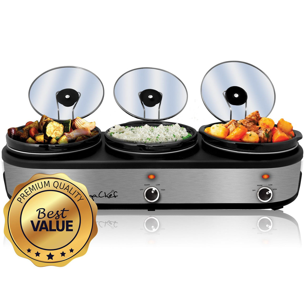 MegaChef Triple 2.5 Quart Slow Cooker and Buffet Server in Brushed Silver and Black Finish with 3 C