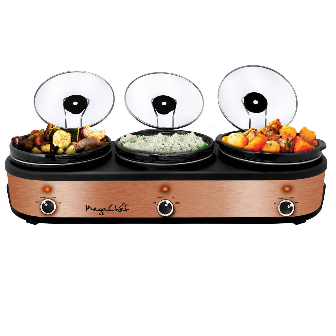 MegaChef Triple 2.5 Quart Slow Cooker and Buffet Server in Brushed Copper and Black Finish with 3 C