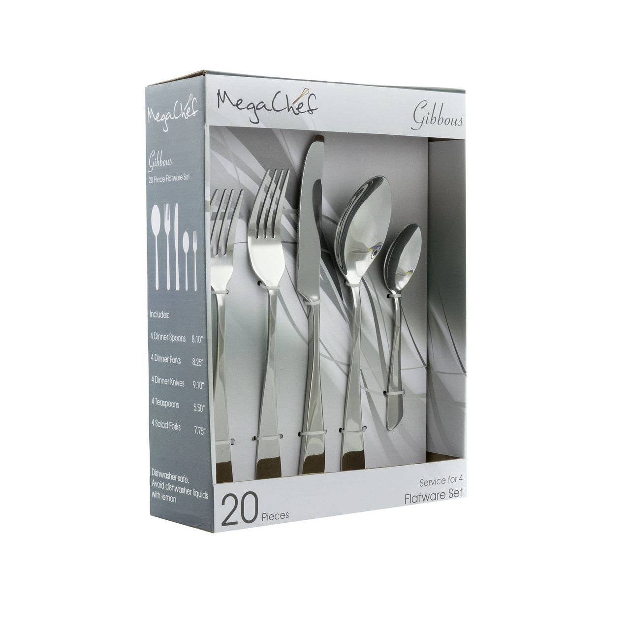 MegaChef Gibbous 20 Piece Flatware Utensil Set, Stainless Steel Silverware Metal Service for 4 in S