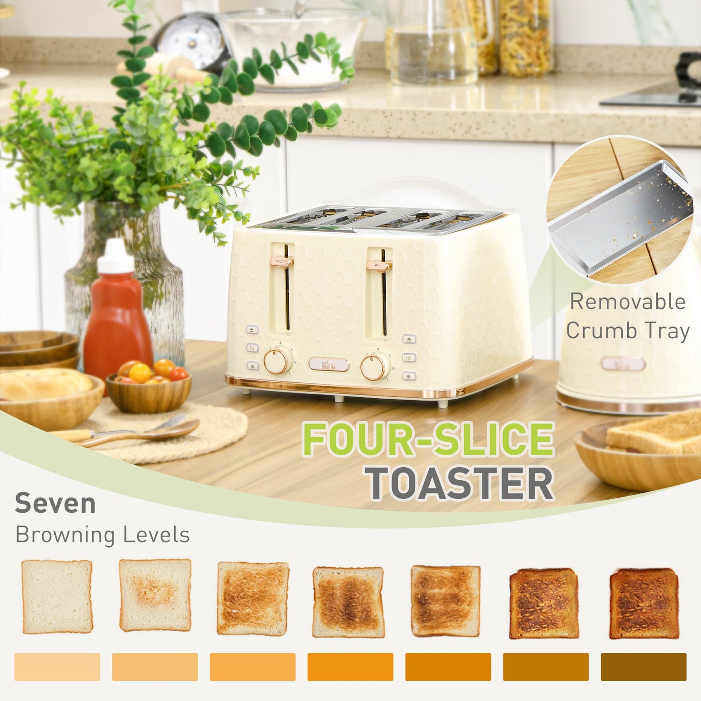 2 Piece Kitchen Appliance Set Kettle and Toaster Beige Honeycomb Design