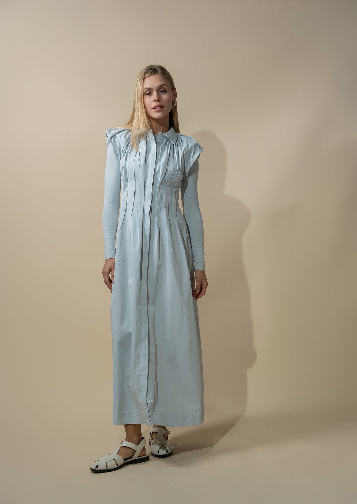 Pleat Front Button Down Dress-Light Blue
