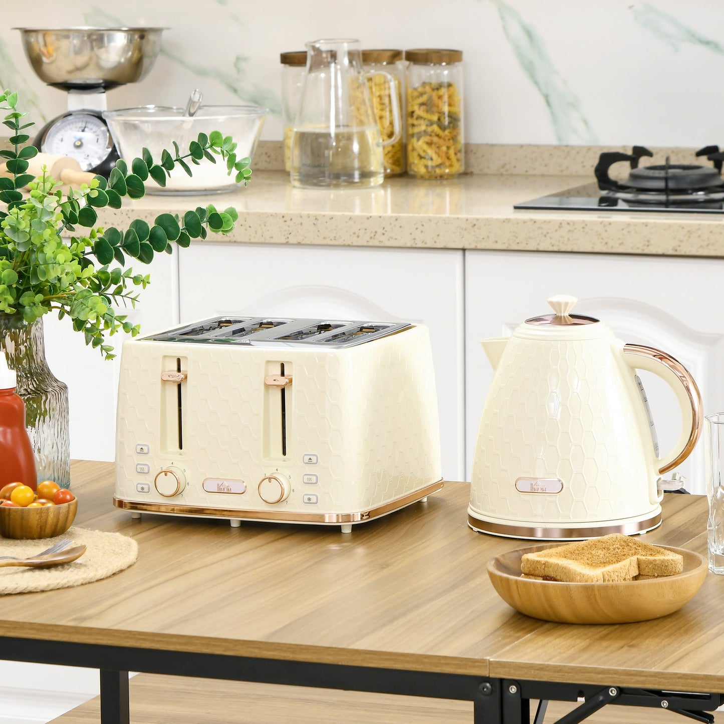 2 Piece Kitchen Appliance Set Kettle and Toaster Beige Honeycomb Design