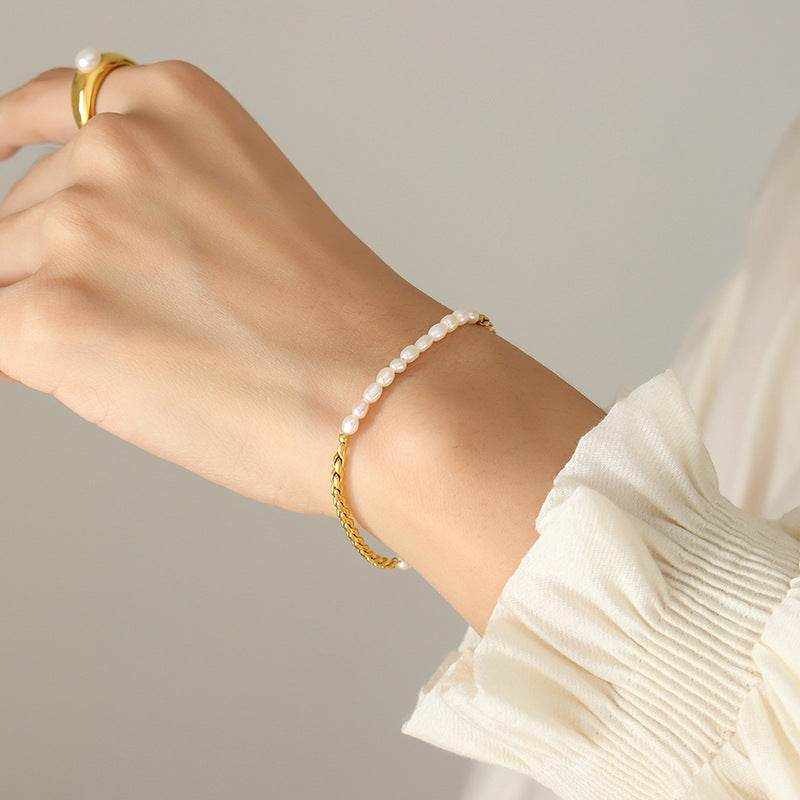 18K Gold Dipped Half Pearl Link Bracelet
