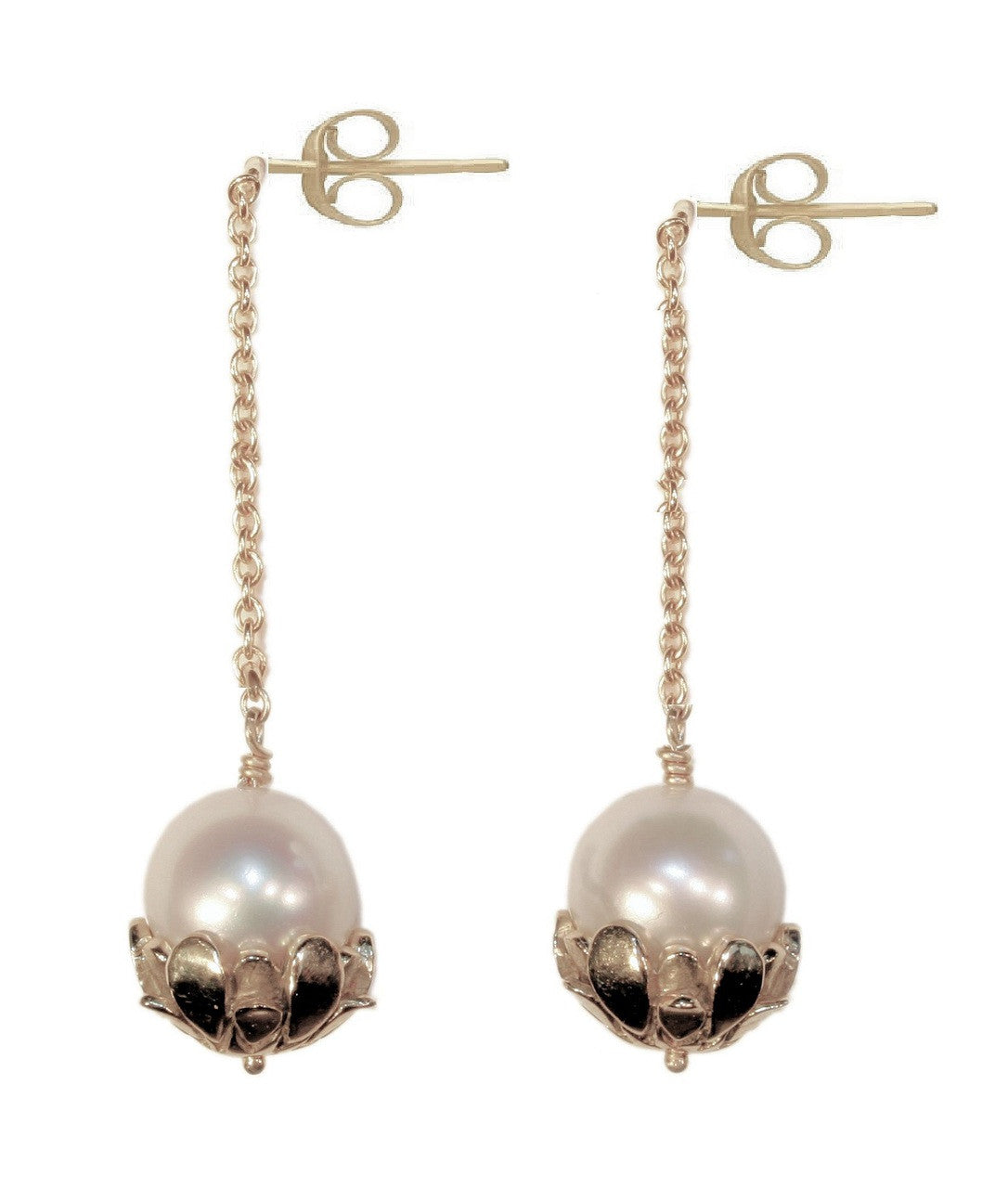 Pearl Drop Earrings-Flower caps in 14K gold with pearls.