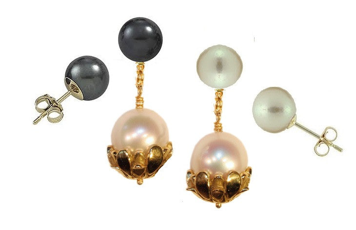 Pearl Drop Earrings-Flower caps in 14K gold with pearls.