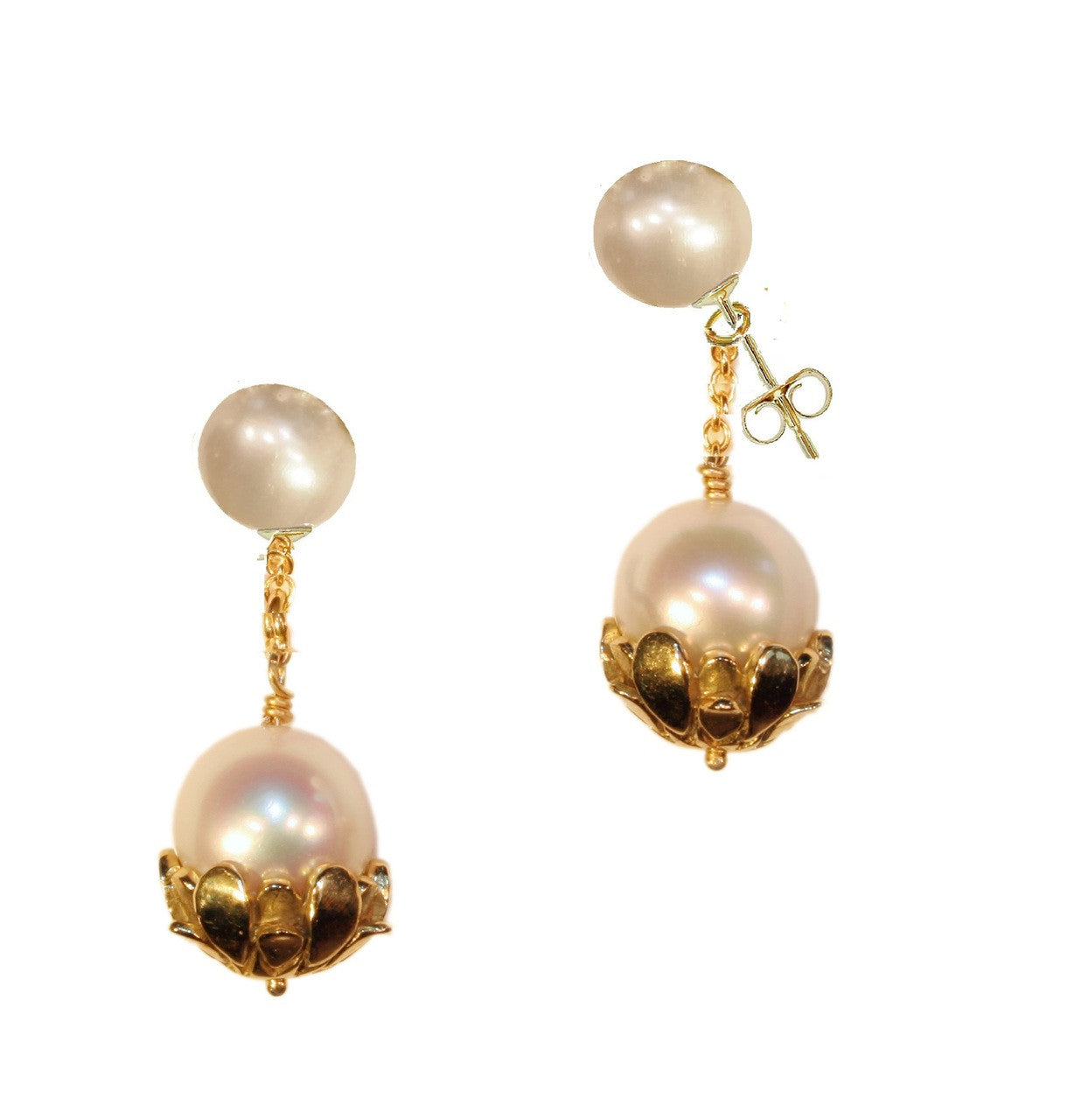 Pearl Drop Earrings-Flower caps in 14K gold with pearls.
