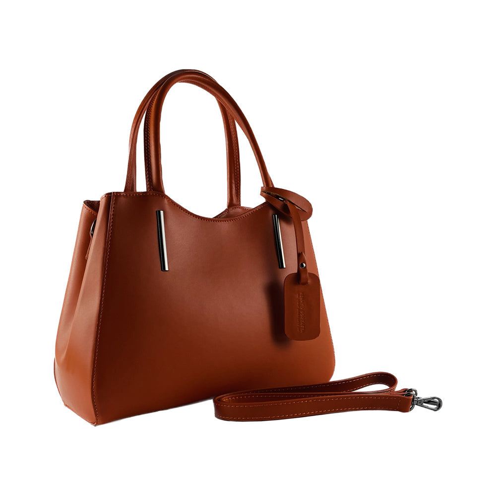 RB1004AM | Genuine Leather Handbag Made in Italy with Removable Shoulder Strap and Metal Snap Hook Attachments - Gunmetal - Paprika Color - Dimensions: 33 x 25 x 15 cm + Handles 13 cm