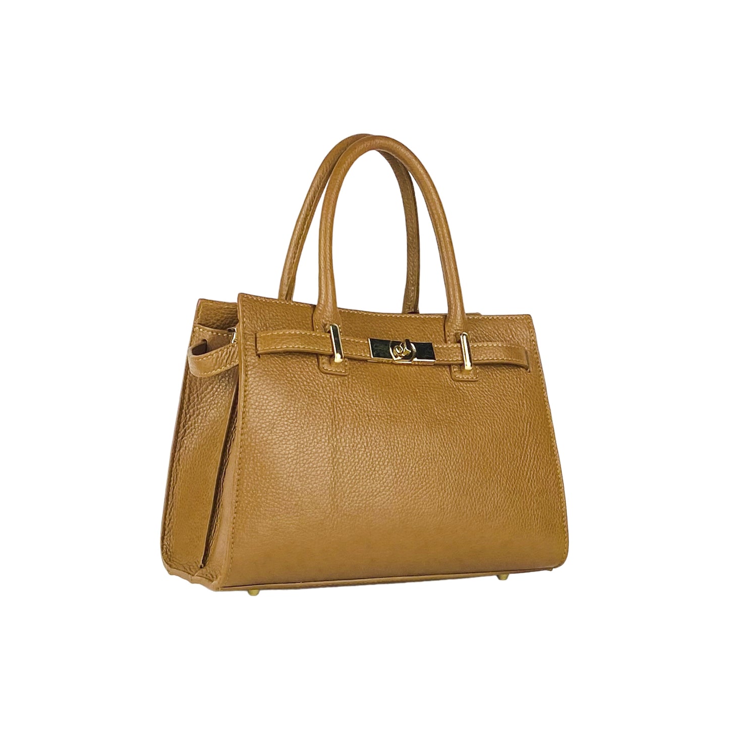 RB1016S | Women's Genuine Leather Handbag Made in Italy with Removable Shoulder Strap. Attachments with Shiny Gold Metal Snap Hooks - Cognac Color - Dimensions: 28 x 20 x 14 + 12.5 cm