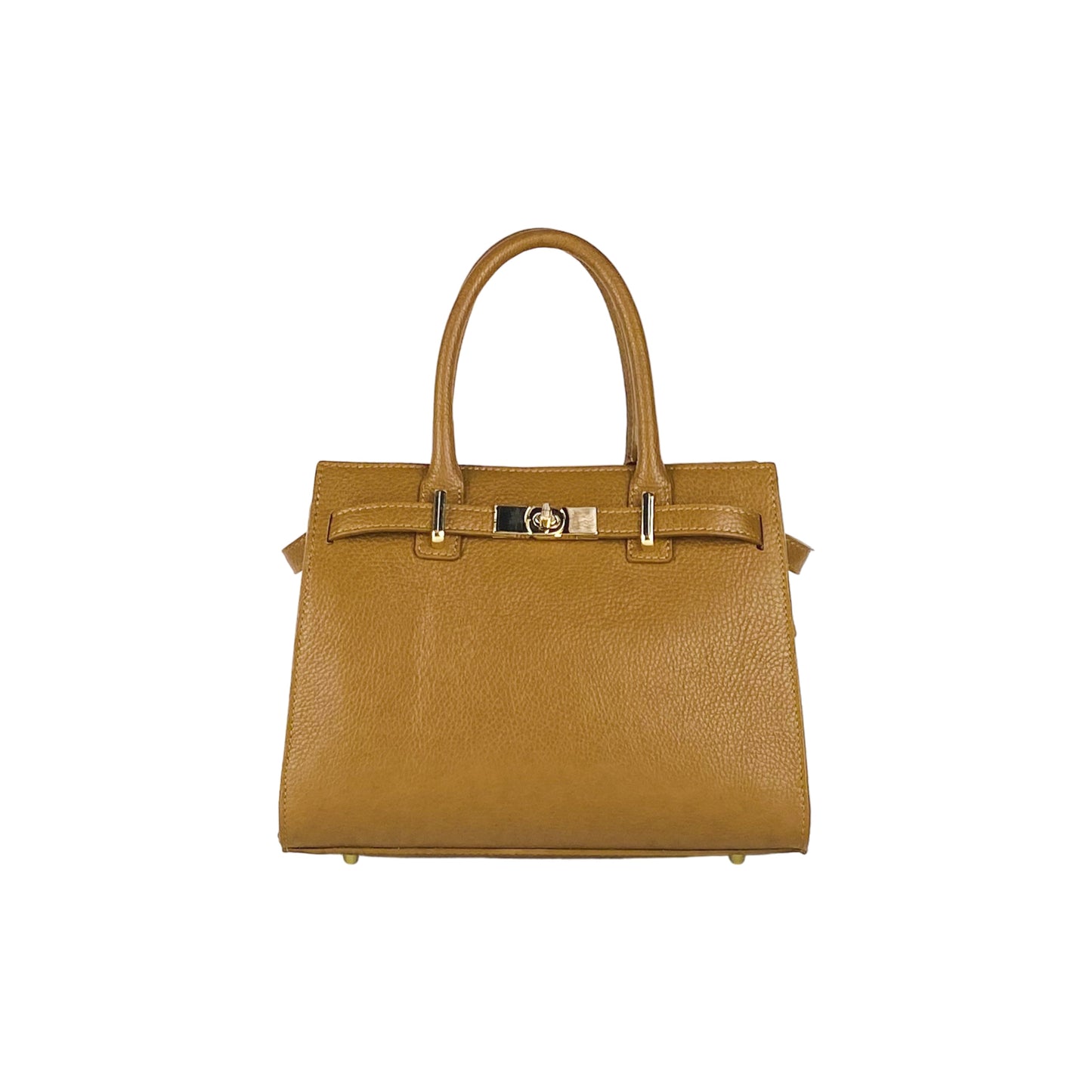 RB1016S | Women's Genuine Leather Handbag Made in Italy with Removable Shoulder Strap. Attachments with Shiny Gold Metal Snap Hooks - Cognac Color - Dimensions: 28 x 20 x 14 + 12.5 cm