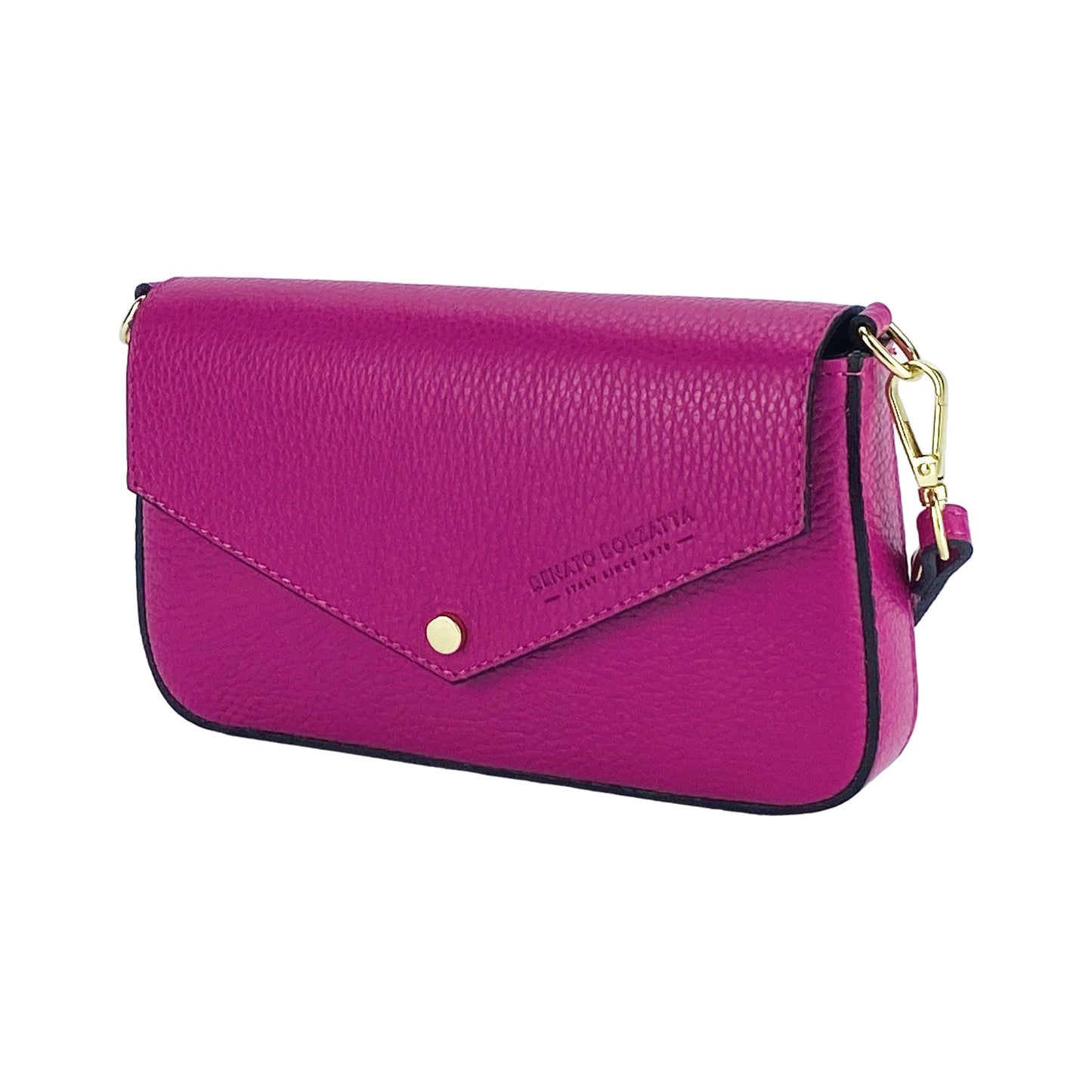 RB1023BE | Small Shoulder Bag with Removable Chain Strap in Genuine Leather Made in Italy. Flap Closure. Polished Gold Metal Accessories - Fuchsia Color - Dimensions: 22 x 12 x 3 cm