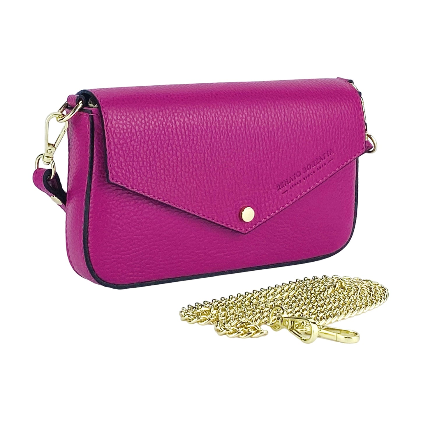 RB1023BE | Small Shoulder Bag with Removable Chain Strap in Genuine Leather Made in Italy. Flap Closure. Polished Gold Metal Accessories - Fuchsia Color - Dimensions: 22 x 12 x 3 cm