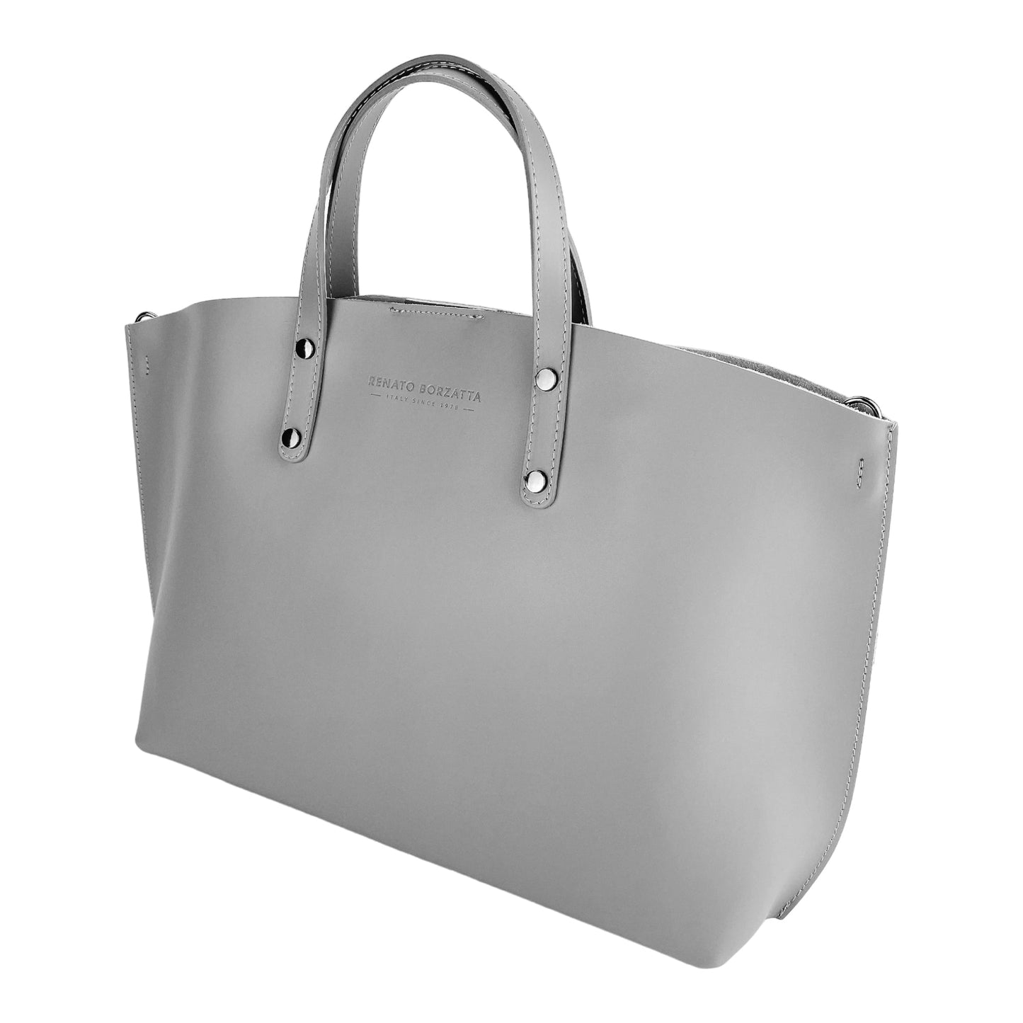 RB1024F | Women's Genuine Leather Handbag Made in Italy with removable shoulder strap. Large removable internal pouch. Polished Gunmetal Accessories - Color: Gray - Dimensions: 48x31x11 cm