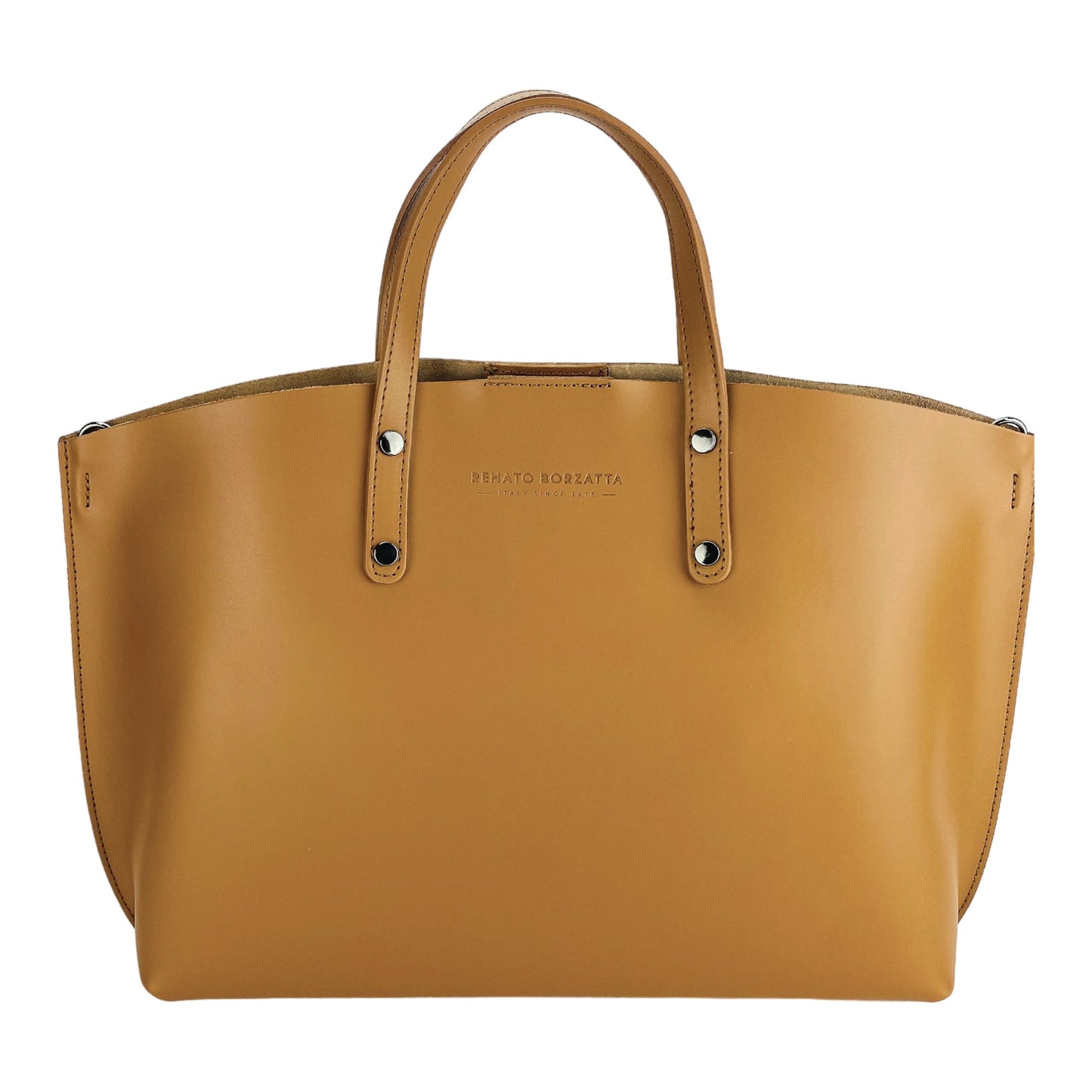 RB1024S  | Borsa Donna a Mano in Vera Pelle Made in Italy con tracolla removibile. Sacca grande interna estraibile. Accessori Canna di Fucile Lucido - Colore Cognac - Dimensioni: cm 48x31x11
