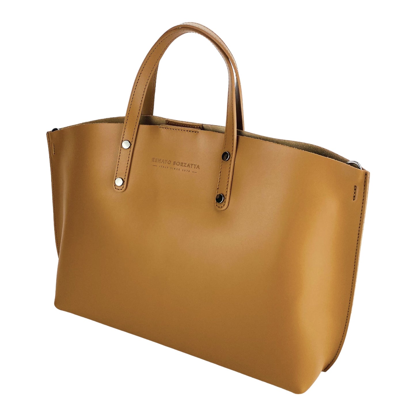 RB1024S  | Borsa Donna a Mano in Vera Pelle Made in Italy con tracolla removibile. Sacca grande interna estraibile. Accessori Canna di Fucile Lucido - Colore Cognac - Dimensioni: cm 48x31x11