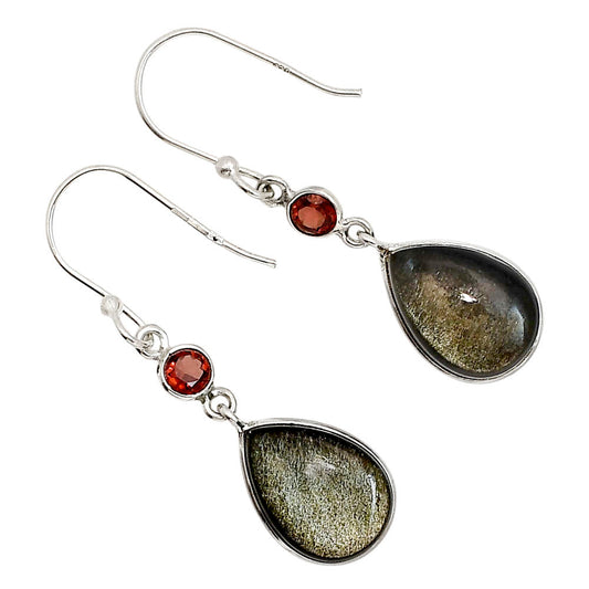 Silver Obsidian and Garnet Earrings E-1002 SDE91581-0