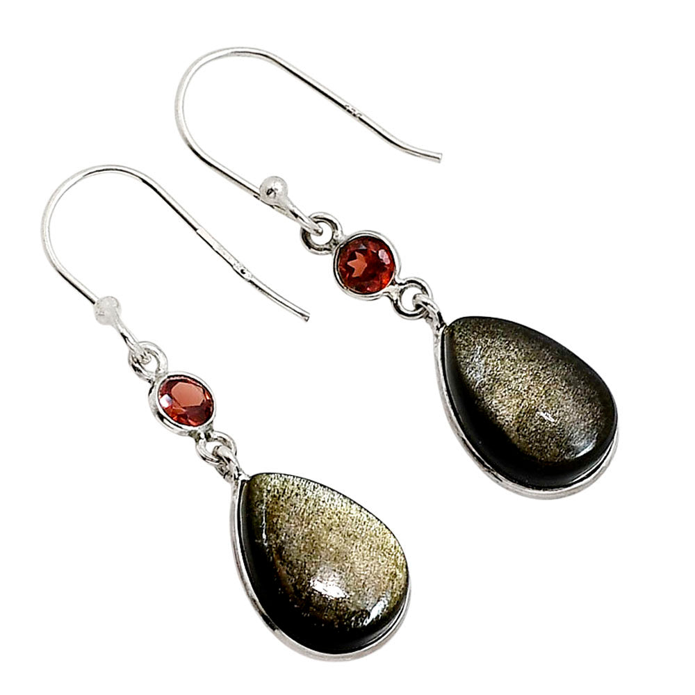 Silver Obsidian and Garnet Earrings E-1002 SDE91585-2