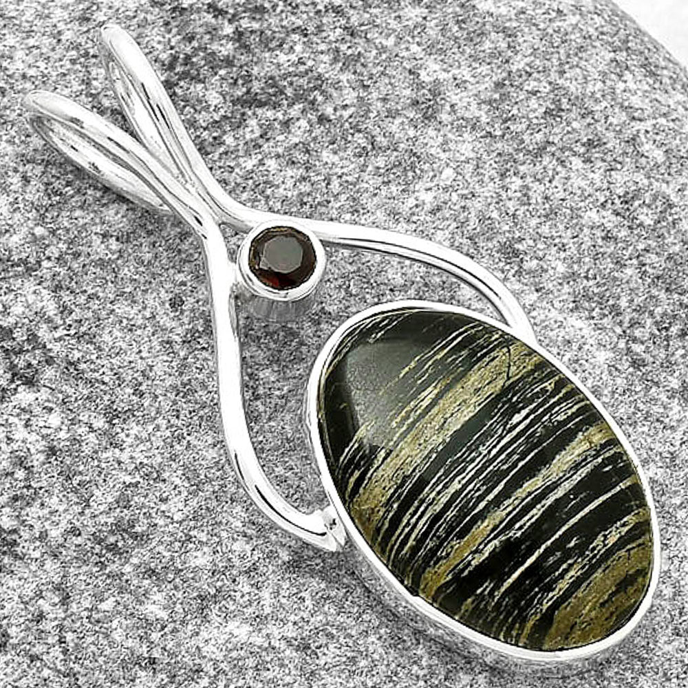 Natural Silver Leaf Obsidian & Garnet Pendant P-1038 SDP128224-2