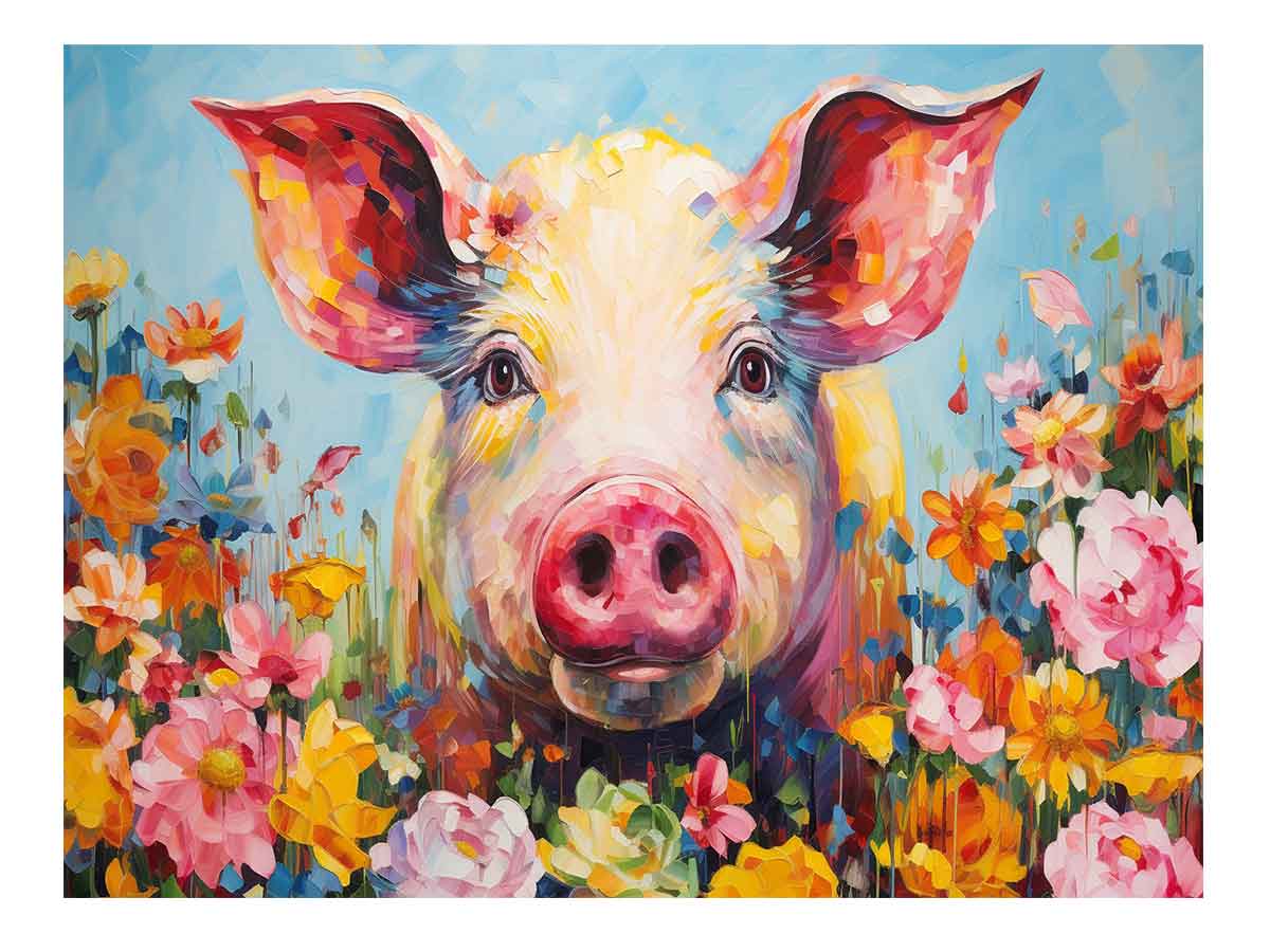 Pig & Flowers Canvas Painting