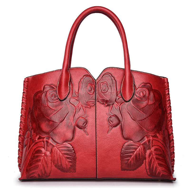NNEDSZ Red  Elegant Embossed Rose Leather Handbag - Vintage Style Tote Bag