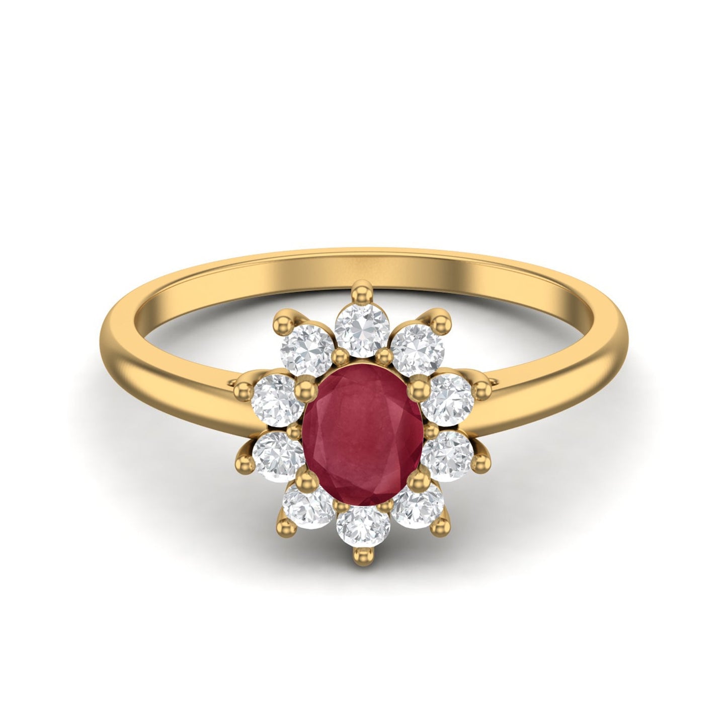 Ruby 0.50 Ct Oval Floral Halo Ring – 14K Yellow Gold