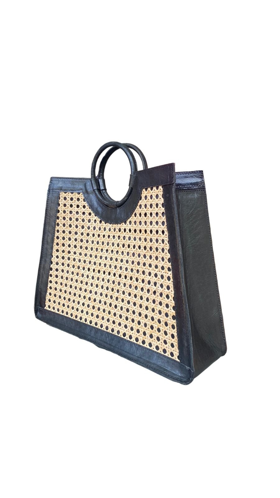 Lena Black Bali Handmade Leather Rattan Webbing HandBag-1