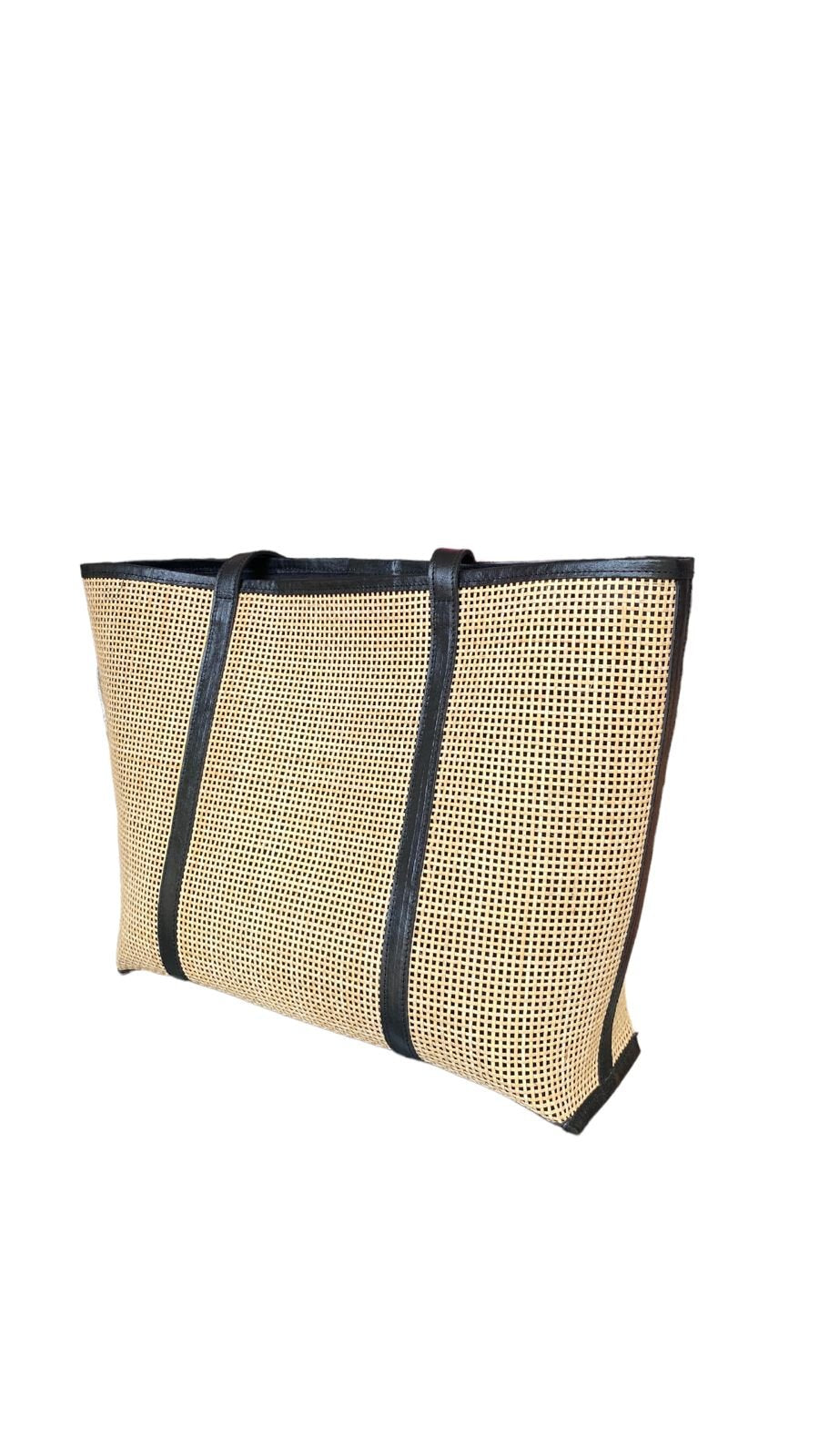 Aie Black Bali Handmade Leather Rattan Webbing HandBag-2