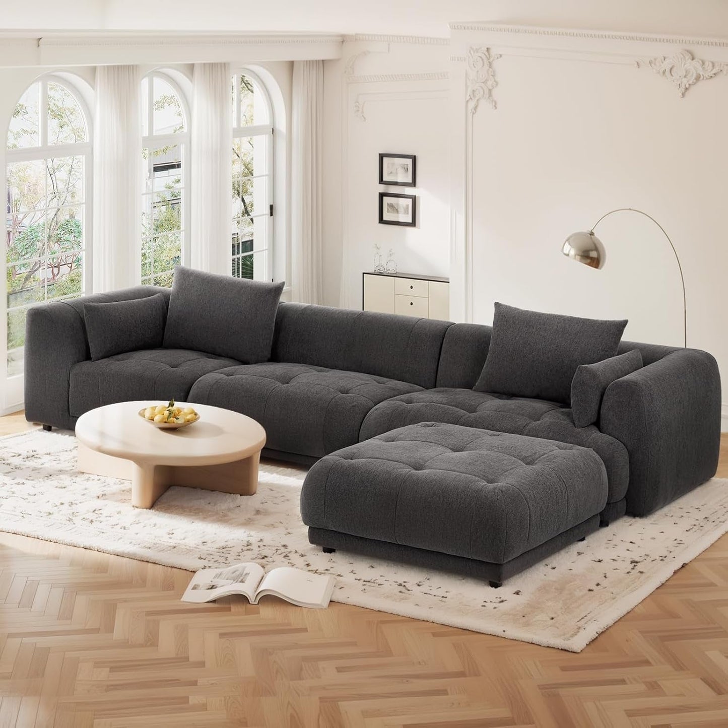 144" Cloud Sectional Couch with Ottoman,Modular Sectional Sofa with 3 Large Seat and 1 Ottoman for Living Room, Chenille, Gray